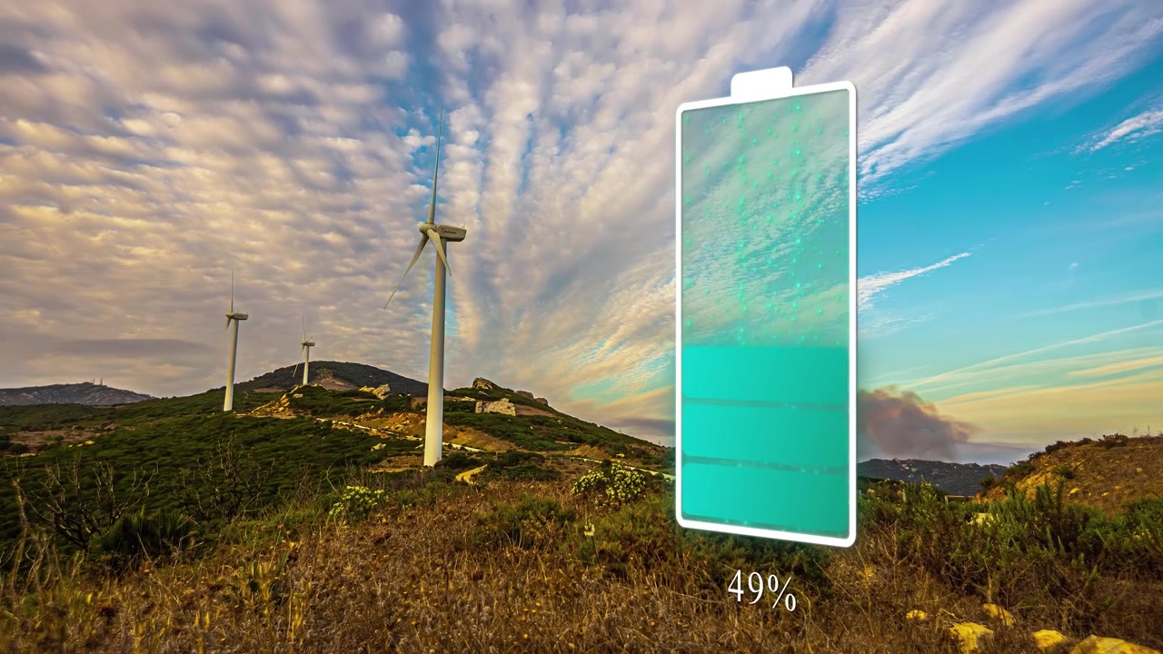Timelapse di un parco eolico con animazione del sistema di accumulo di energia a batteria BESS. Rete elettrica pulita e rinnovabile.