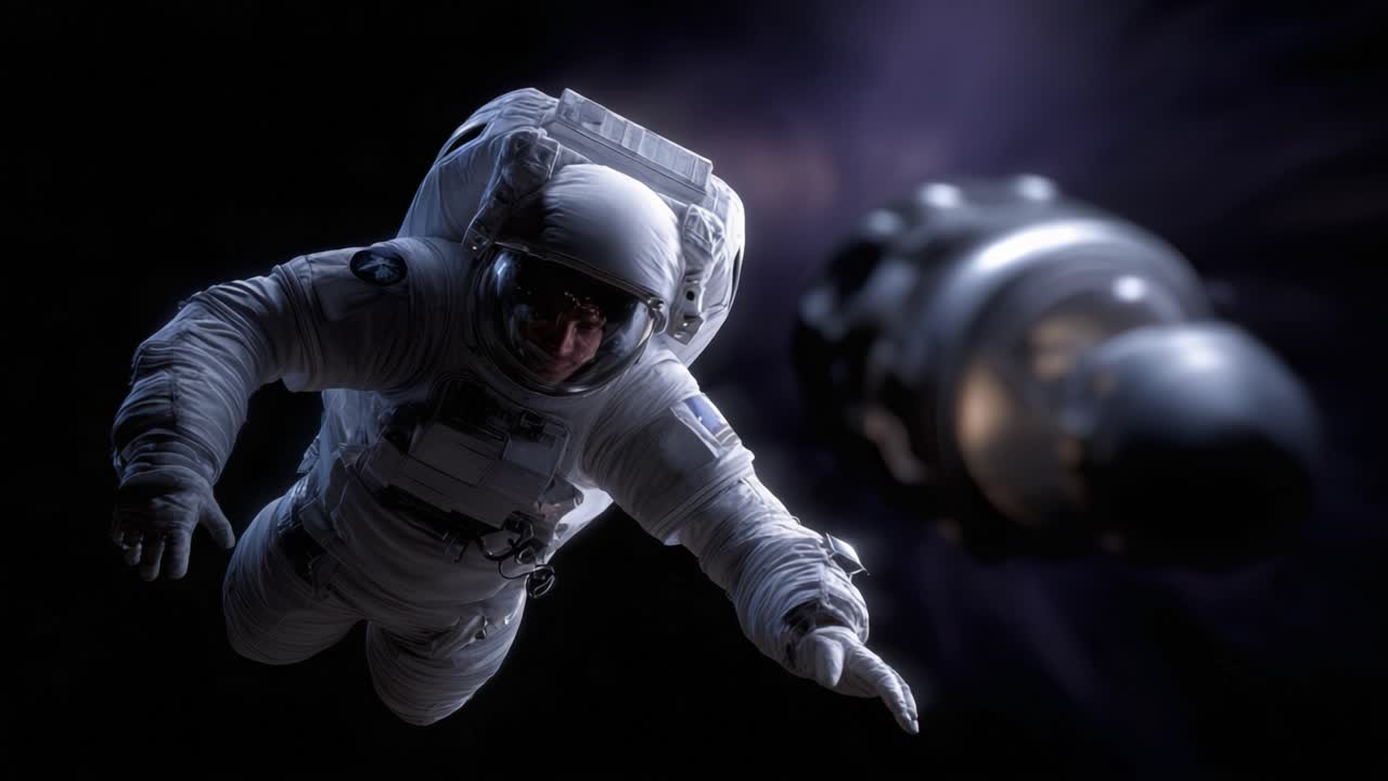 An astronaut floats in the vastness of space, reaching out towards a spacecraft as it trails behind in a captivating display of human exploration and curiosity
