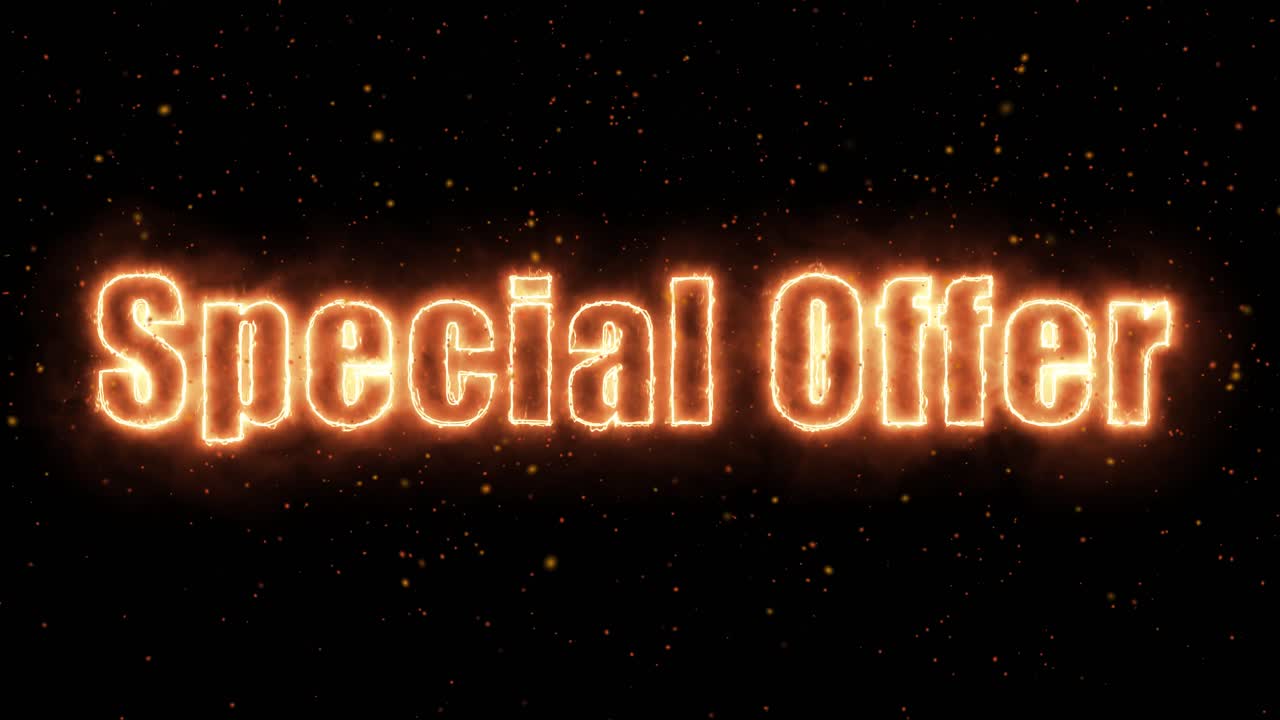 Animated glowing orange text reading special offer with burning embers on a black background