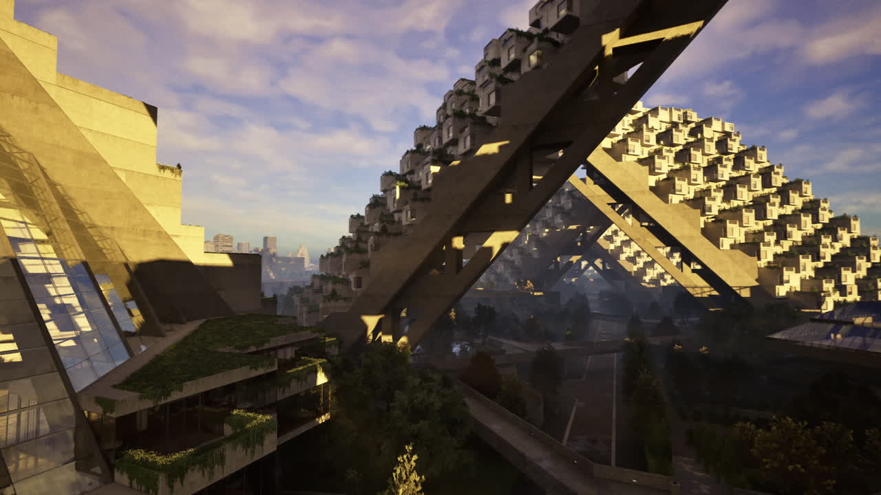 Modern architectural design showcased in urban landscape at sunrise