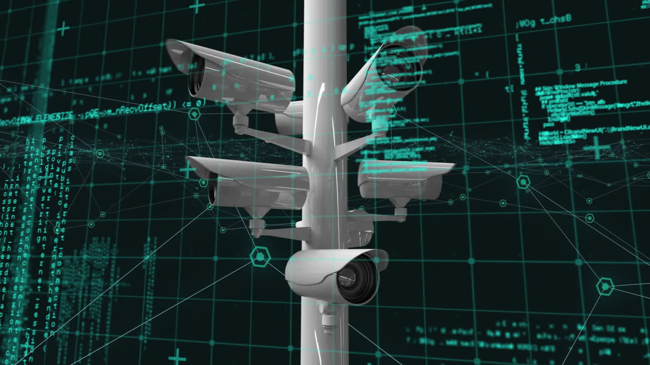 Animation of network of connections and data processing over security cameras on black background