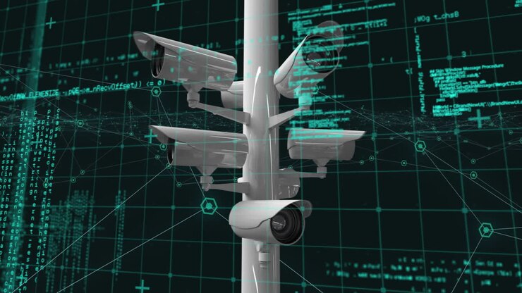 Animation of network of connections and data processing over security cameras on black background