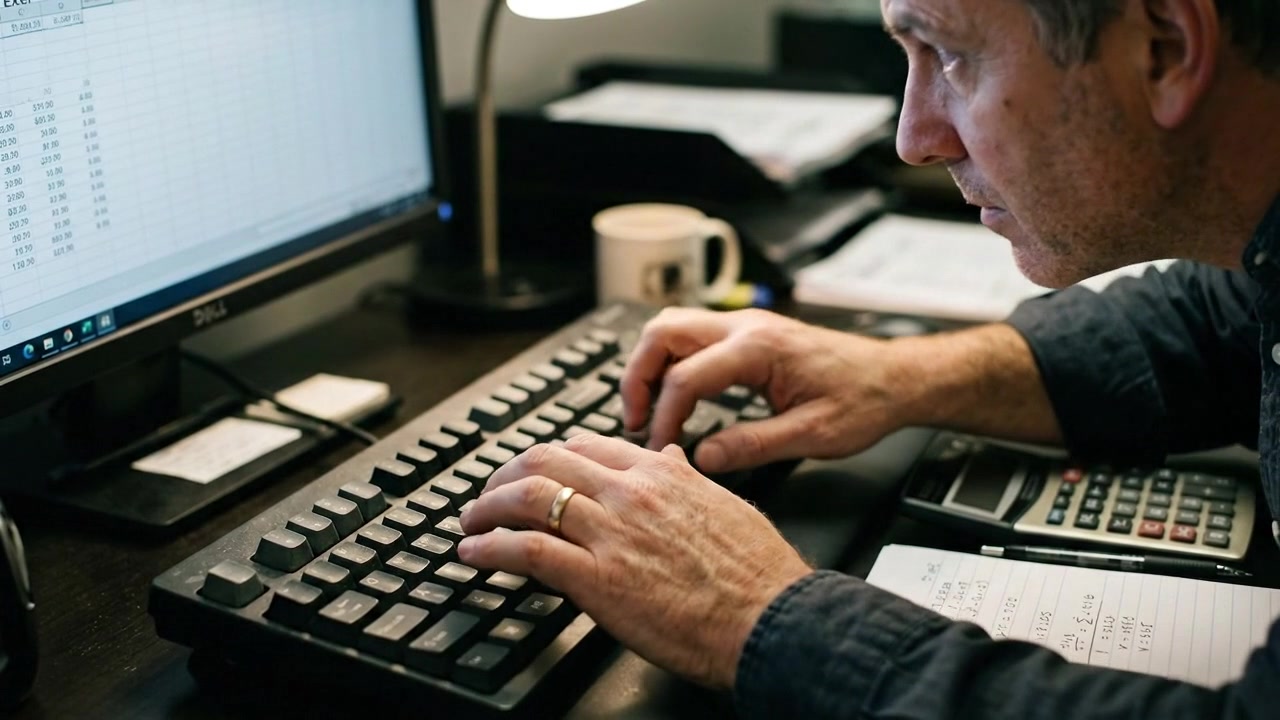 Uomo di mezza età che lavora su un foglio di calcolo alla scrivania dell'ufficio