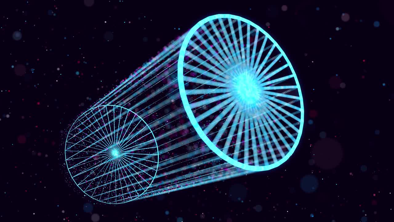 추상적인 반이는 입자는 공간에서 3d 객체를 형성합니다. 실린더. vj 루프는 가상 디지털 공간의 bg입니다. 입자는 빅 데이터, 네트워크 또는 vr 공간의 개념으로 홀로램 모양을 형성합니다.