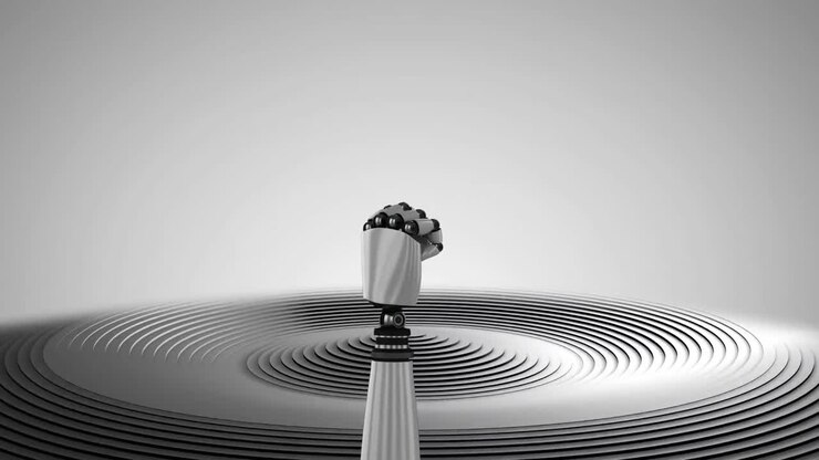 Animation of robot arm over moving grey circular surface with grey background