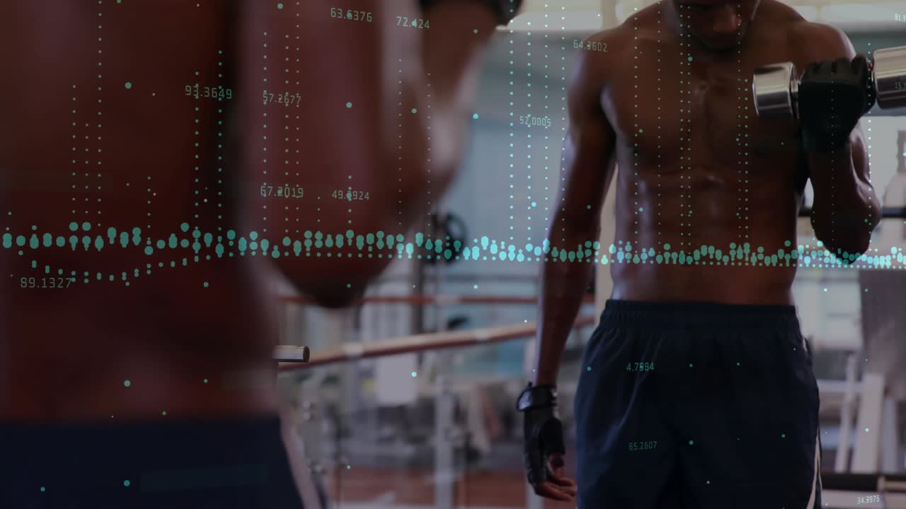 Male athlete performing dumbbell curls in fitness gym, starting reps while teal data tracking form