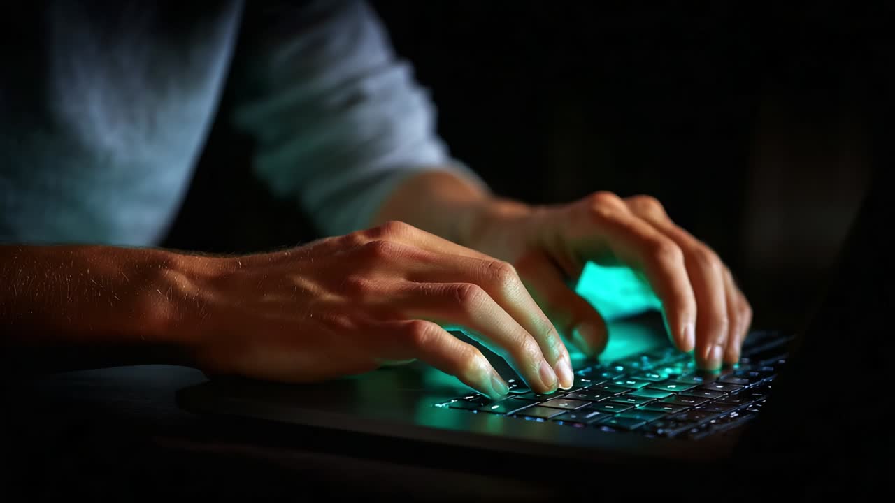 A focused individual engaging in intensive typing on a laptop keyboard, with hands poised in a dimly lit environment, highlighting the glow of the keys and the concentration involved in digital tasks