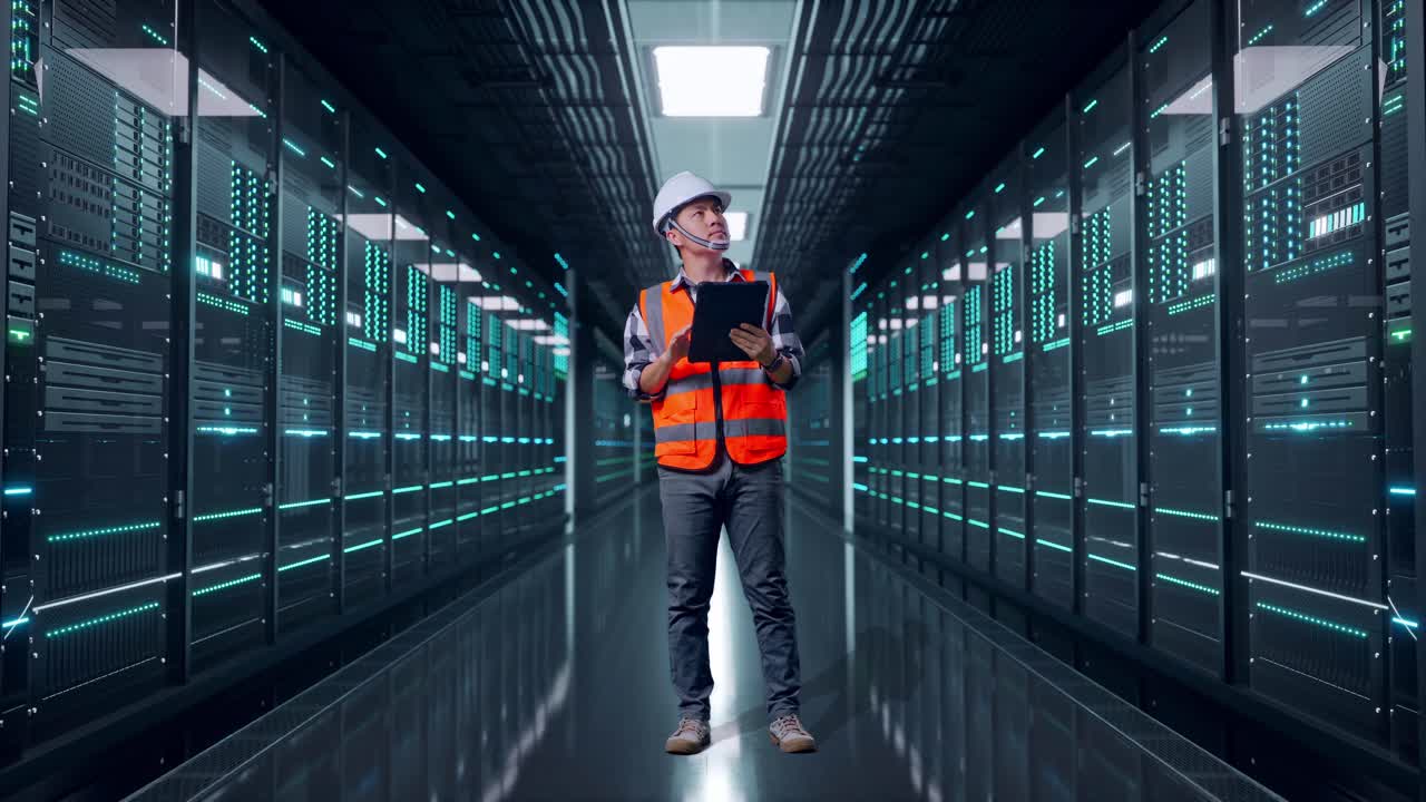 Full Body Of Asian Male Engineer With Safety Helmet Looking At The Tablet In His Hand And Looking Around While Standing in Server Room Data Center