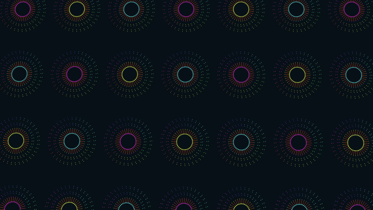 Motivo a cerchi geometrici continui al neon con glitter su sfumatura scura