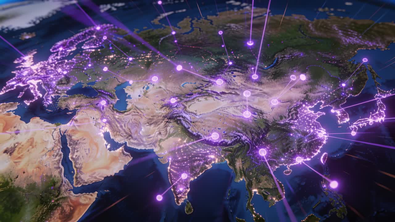 Showing night Eurasia globe, camera pan causing purple nodes glowing and beams linking for network