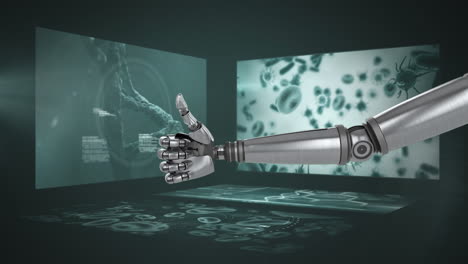 robotic hands gesturing thumbs up and medical data processing