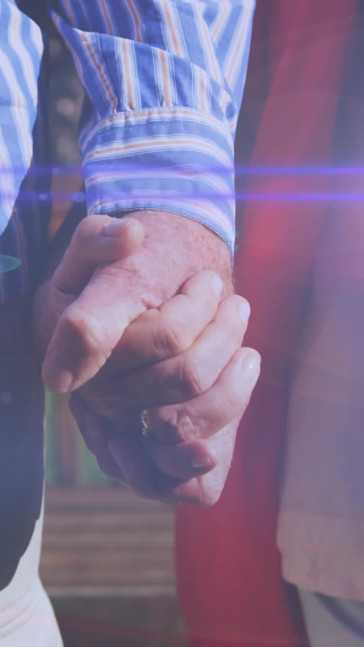 animación de la luz moviéndose sobre la sección media de un anciano caminando en el parque cogido de las manos