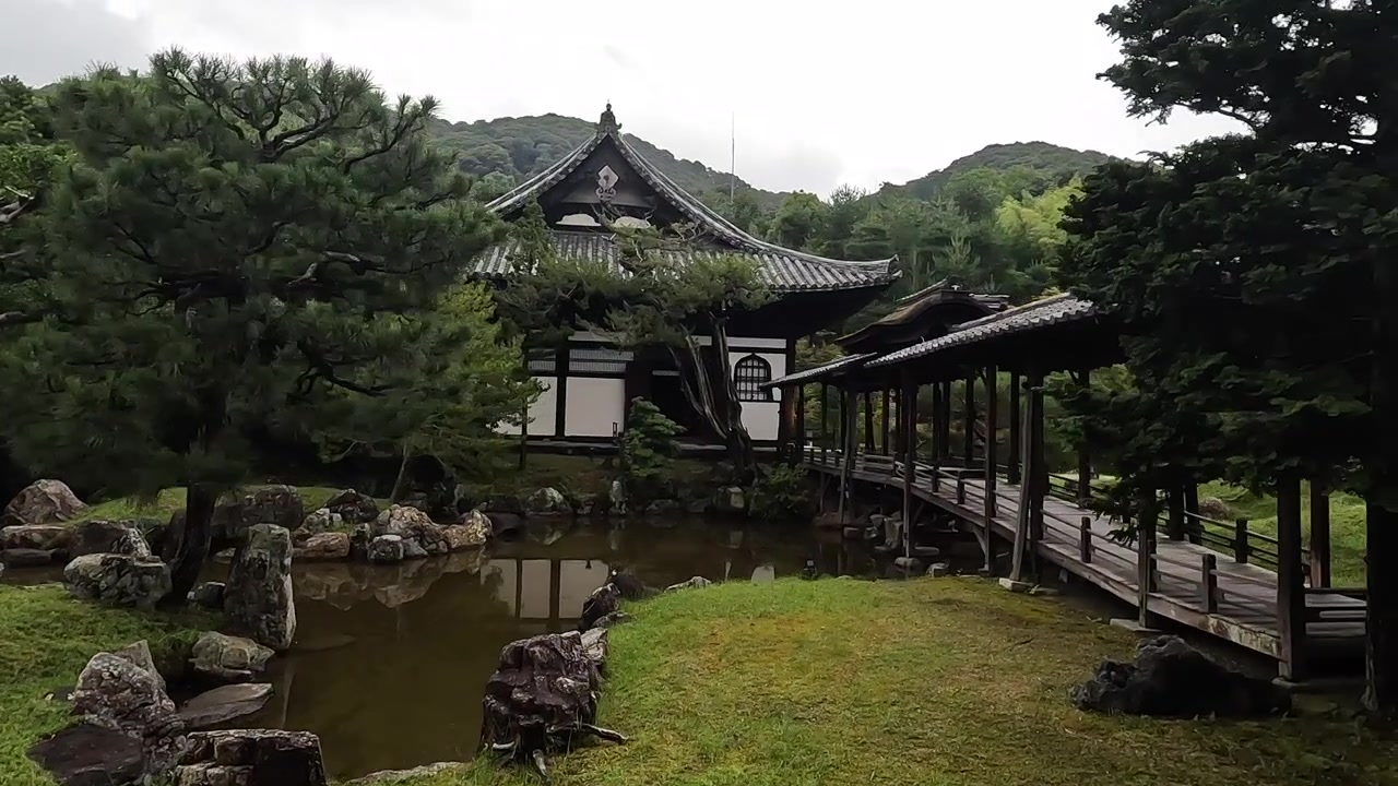 Perinteinen japanilainen puutarha lammella ja katetulla kävelytiellä historiallisen rakennuksen vieressä.