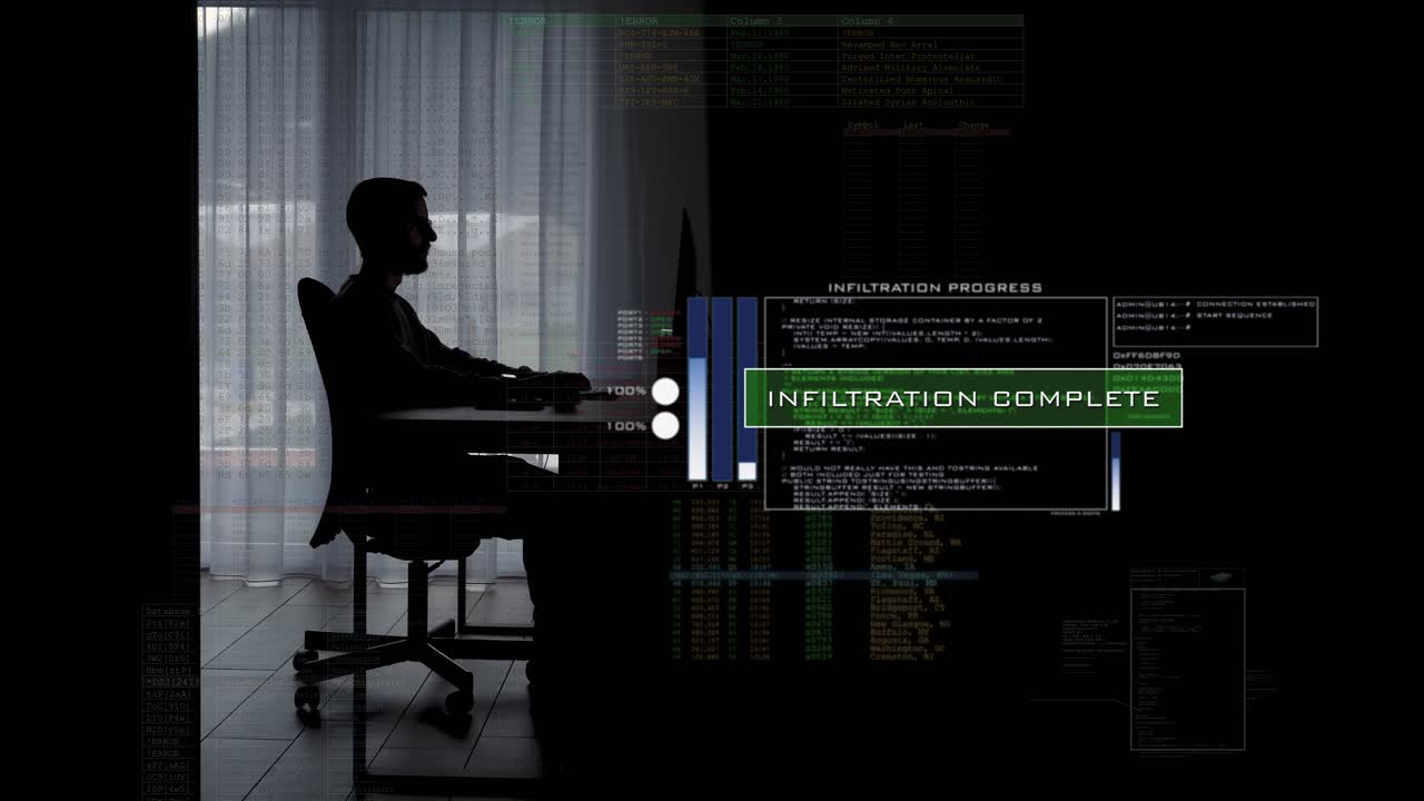 Male hacker gain digital access on the internet - Digital overlay Infiltration complete