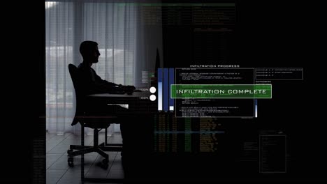 male hacker gain digital access on the internet - digital overlay infiltration complete