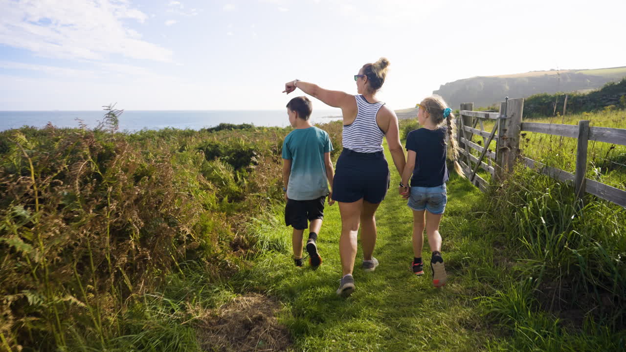 Family walk on the coast