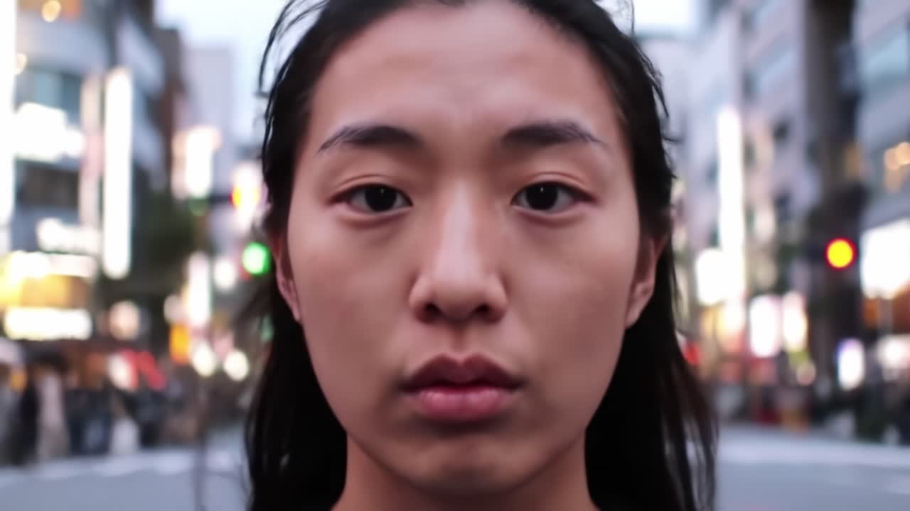 A young woman gazes directly at the camera while standing in a crowded urban street during twilight. The city lights illuminate her face, capturing the vibrant energy surrounding her.