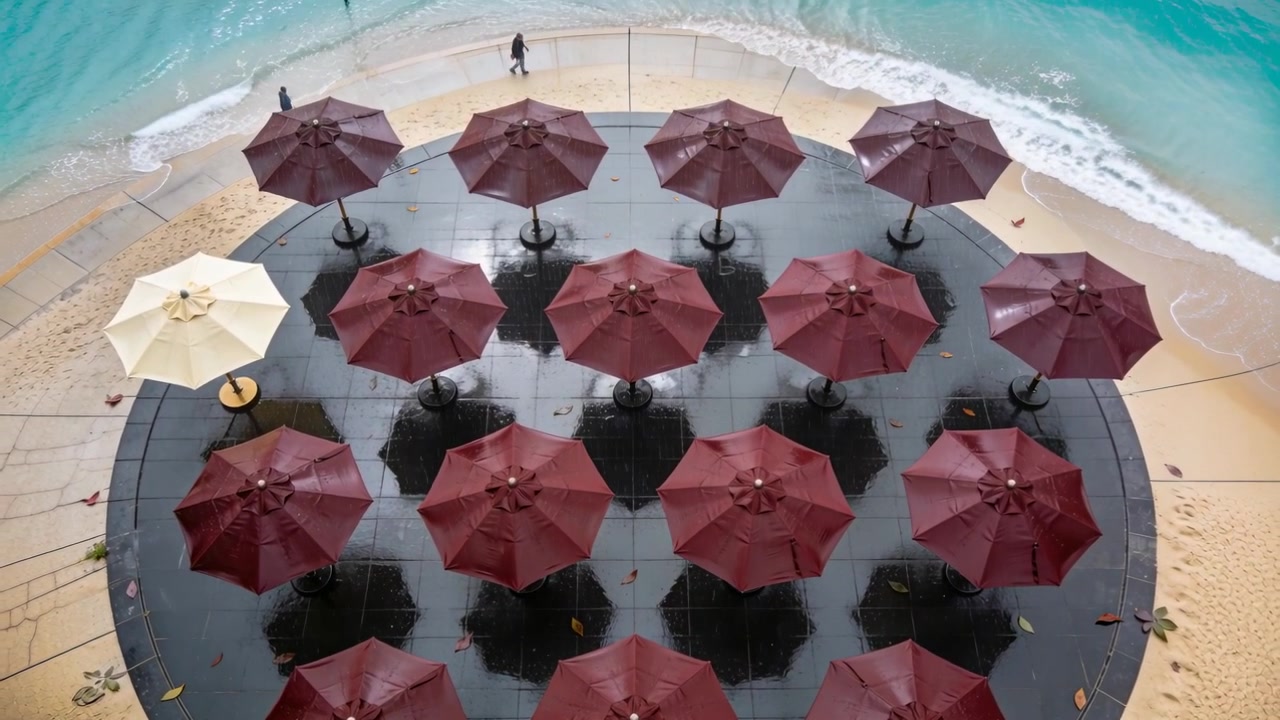 Telecamera che si allontana mostrando ombrelloni color marrone, un ombrellone color crema su una terrazza sulla spiaggia, due persone che camminano con i cappotti