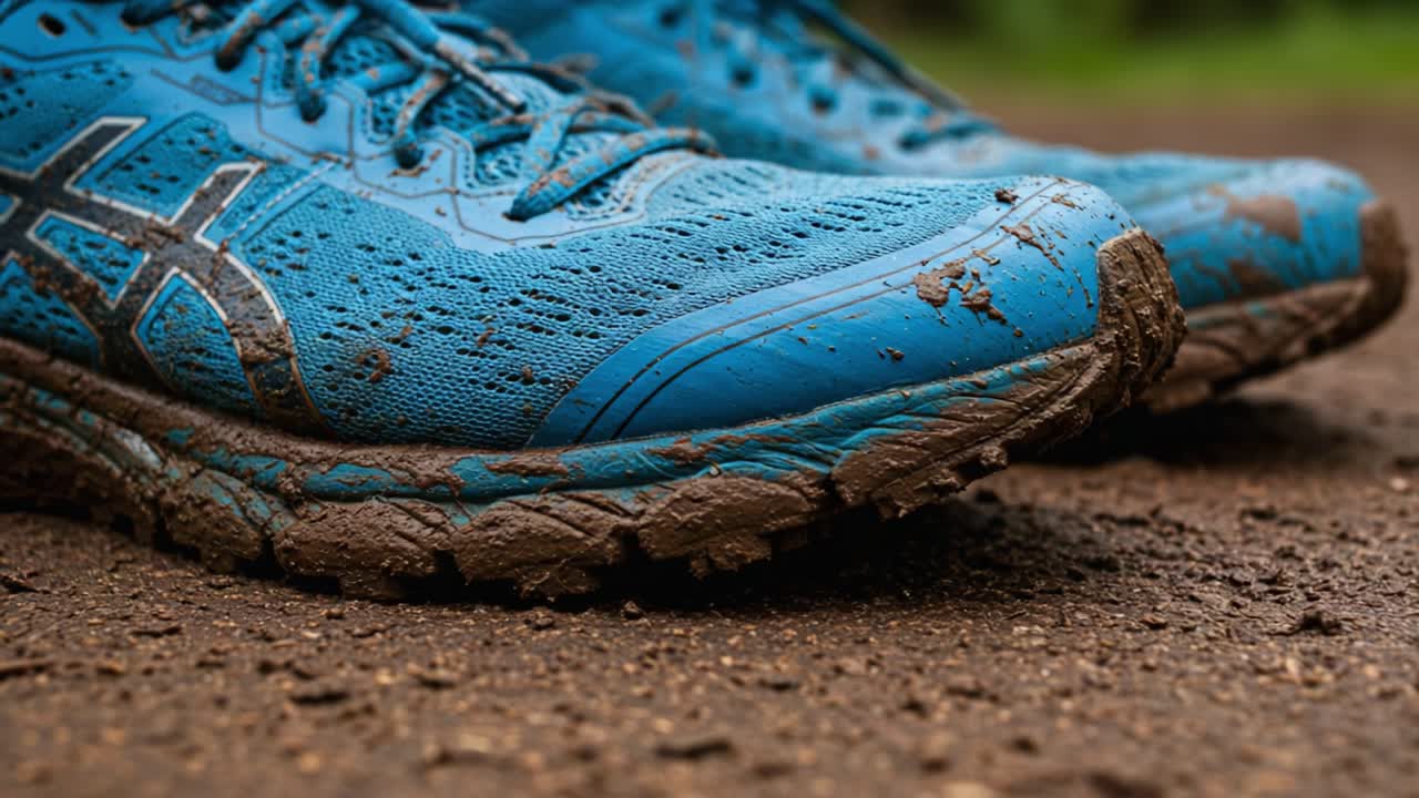 A Close-Up View of Muddy Trail Running Shoes After an Adventurous Outdoor Run, Capturing the Detail of the Worn Sole and Textured Upper in Natural Environment