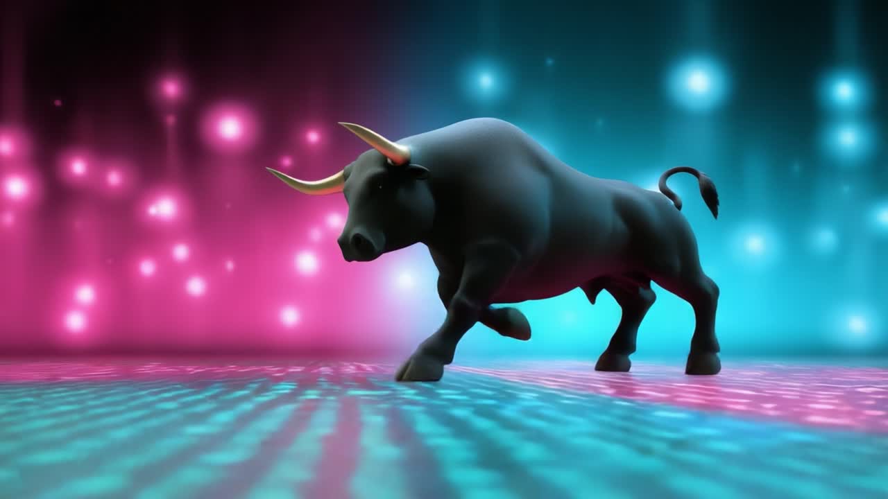 A powerful and dynamic bull symbolizing strength and prosperity, set against a vibrant backdrop of colorful lights that create a visually stunning representation of the financial market's movement and energy