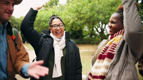 Group,-camping-and-hands-of-people-in-celebration