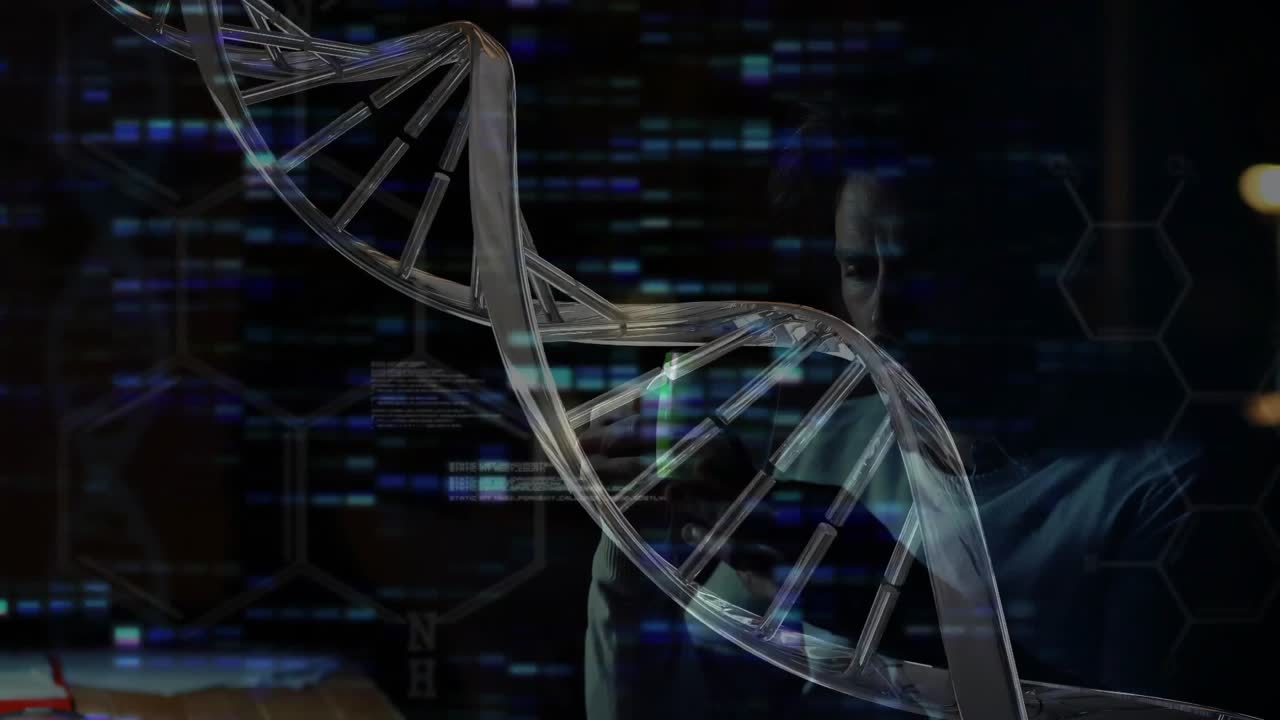 Researcher raising striped mug and scanning smartphone behind rotating DNA helix for code analysis