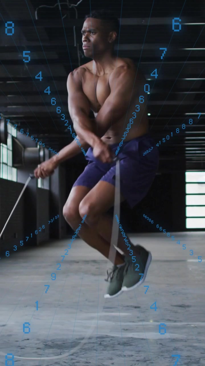 Vertical video: Man testing rope then upping jumps while blue overlay tracing arcs for fitness