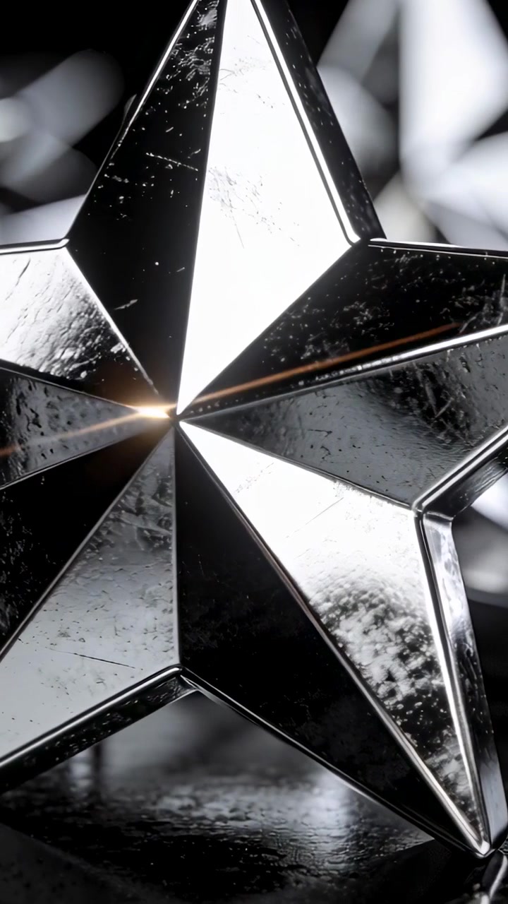 Vertical video: Shifting camera showing chrome star on glossy surface, highlighting surface details