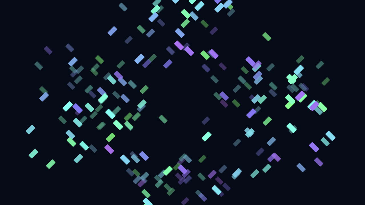 Colorful squares arranged in a circular, symmetrical pattern with shades of blue, green, and purple. The design is visually captivating and vibrant