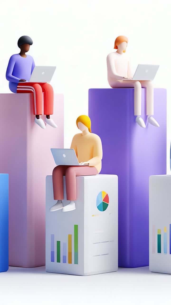 Creative Illustrations Showcasing Diverse Individuals Using Laptops on Colorful Blocks Representing Data and Analytics in a Modern Workspace Setup