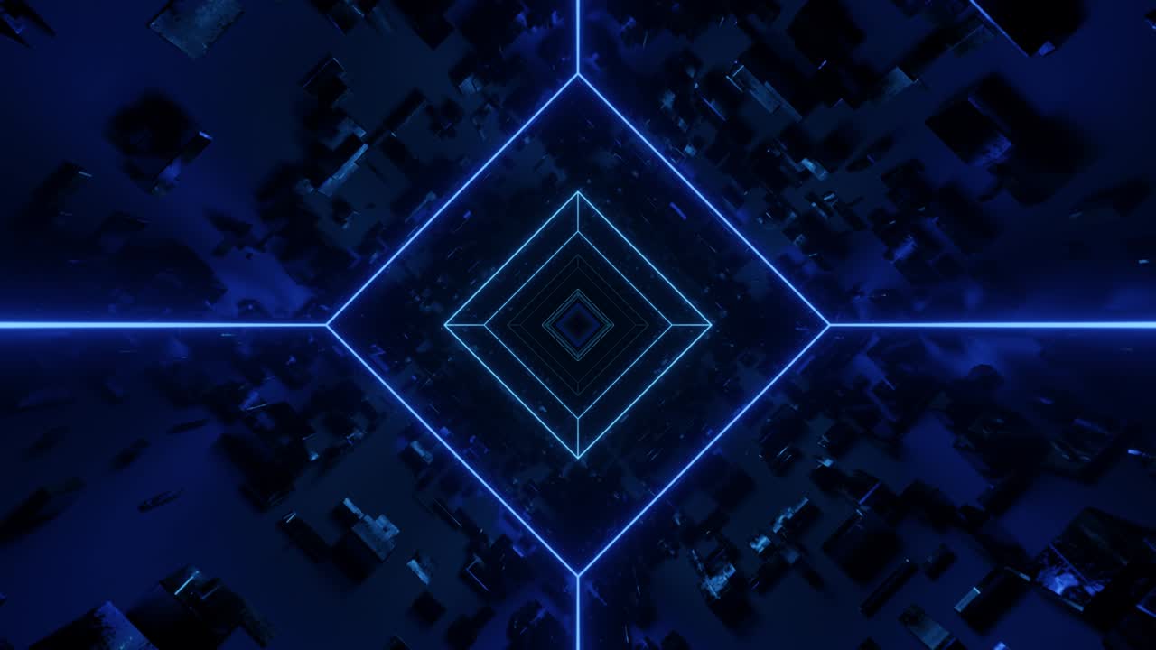 Hi-tech neon sci-fi tunel. Trendy neon glow lines form pattern and construction in mirror tunnel. Fly through technology cyberspace. 3d looped seamless 4k background.flickering 3d object night club