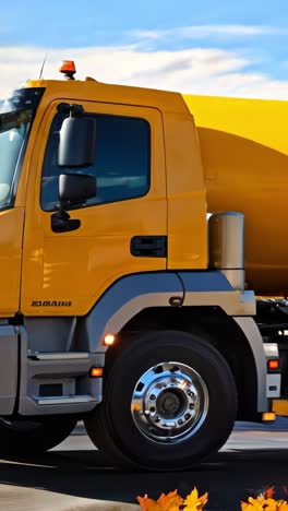 yellow construction truck parked at a worksite during daytime autumn