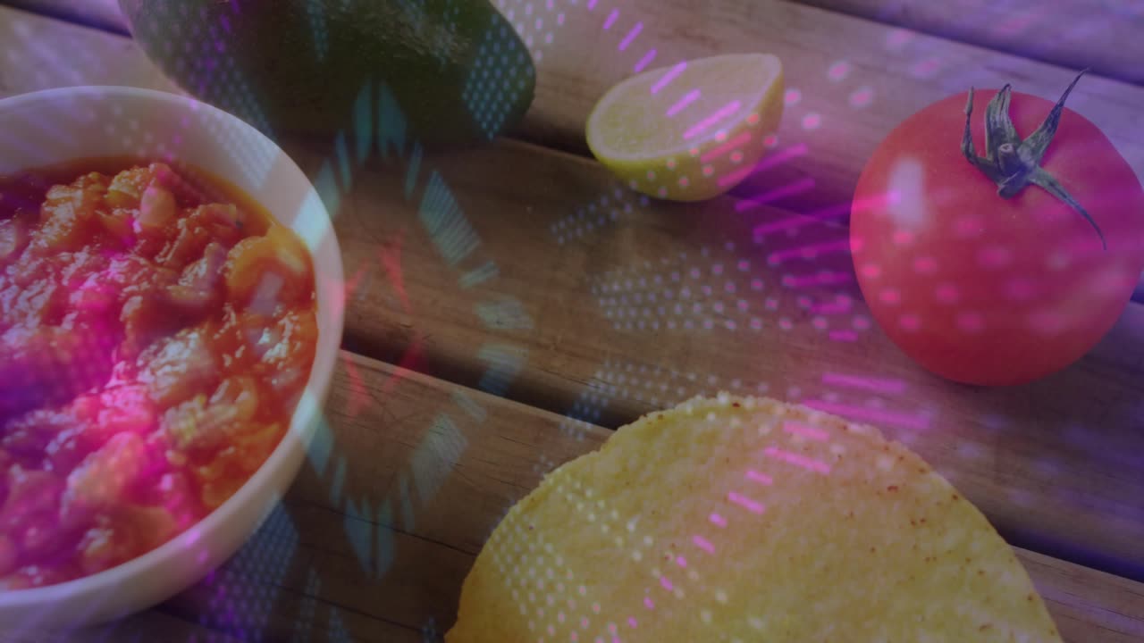 Neon pulsing overhead, bowls fading, sliding and emerging around taco shells revealing assembly