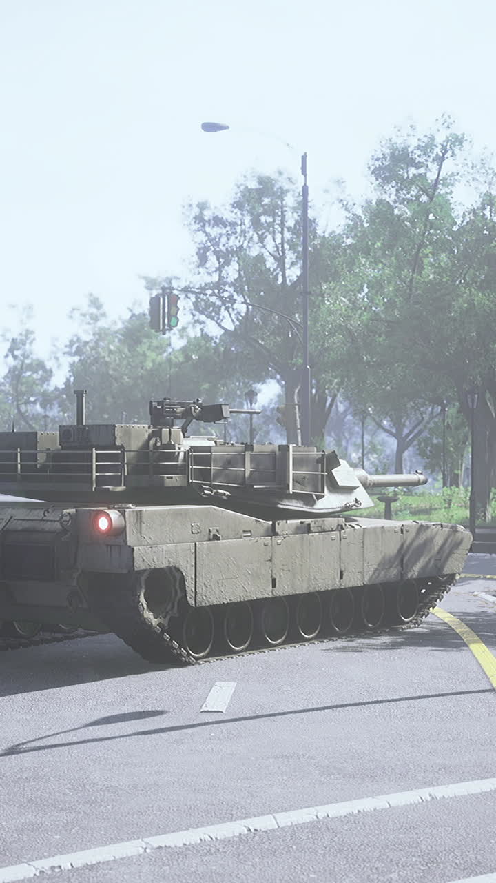 Military tank maneuvering through a city street on a clear day