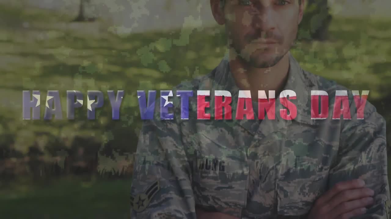 유니폼을 입은 군인의 초상화 위에 미국  ⁇ 발과 함께 행복한 참전용사 날 텍스트의 애니메이션