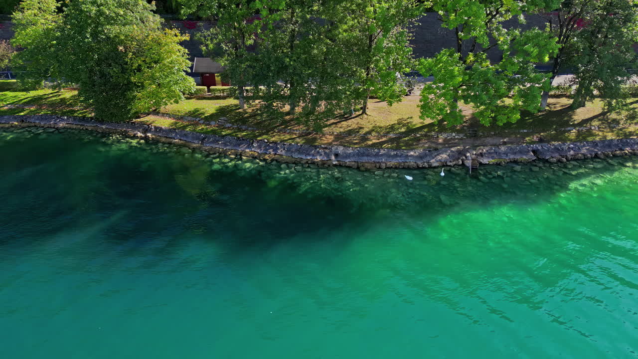 오스트리아 에 있는 투르코이즈 호수 아터시 해안 에 있는 새 들 을 공중 으로 추적 한 사진