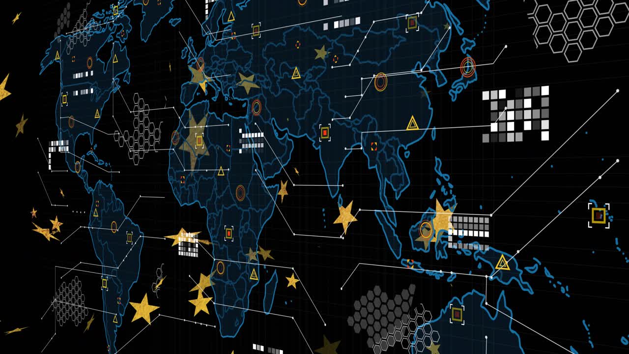 Interface loading world map, spawning gold stars, markers and data blocks visualizing network