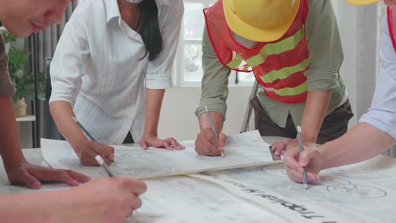 Three Asian Engineers With Helmets Helping A Man Drawing Building Construction At The Office