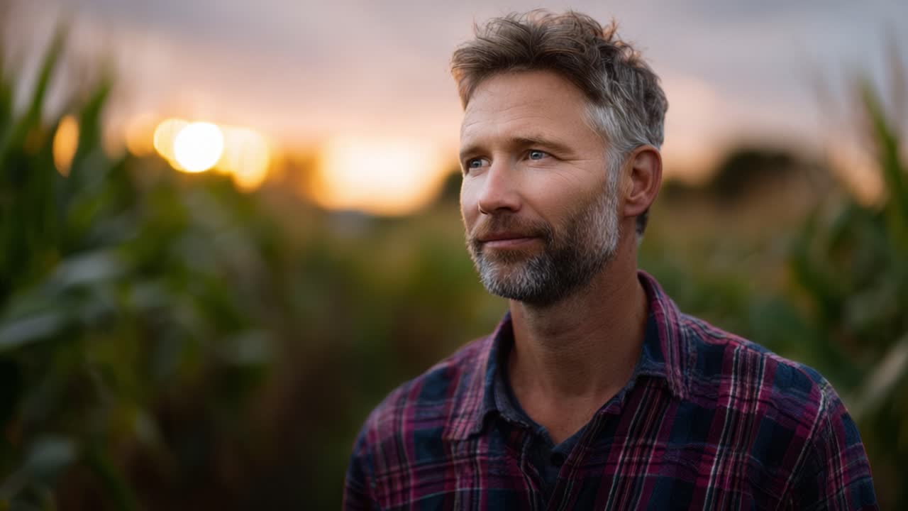 A thought-provoking portrait of a contemplative man amidst a serene cornfield at sunset, capturing the essence of rural life and introspection in nature's beauty