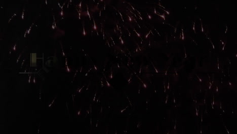 animación de felicitaciones de feliz año nuevo sobre la decoración y fuegos artificiales en el fondo