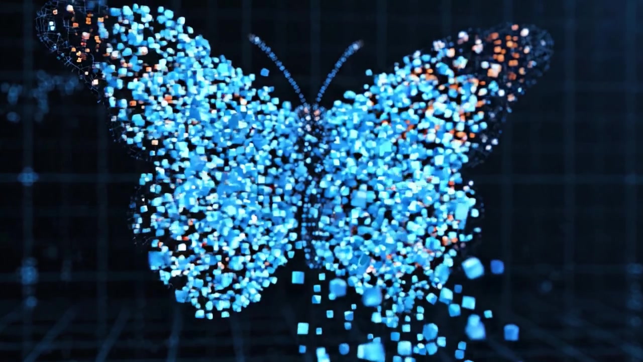 A Stunning Digital Representation of a Butterfly Demonstrating Intricate Patterns and Vibrant Colors, Set Against a Dark Grid Background with Floating Particles