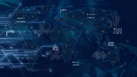 animation of circuit board, world map and data processing over blue background