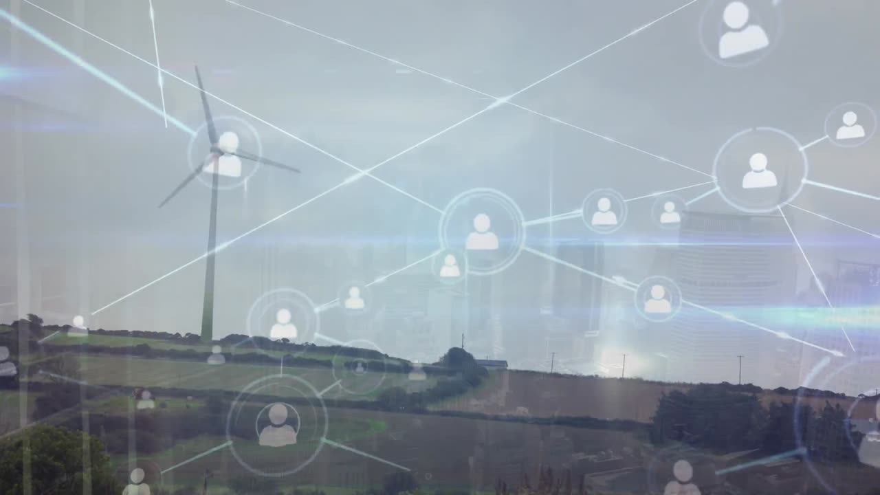 Animation of network of connections over windmills