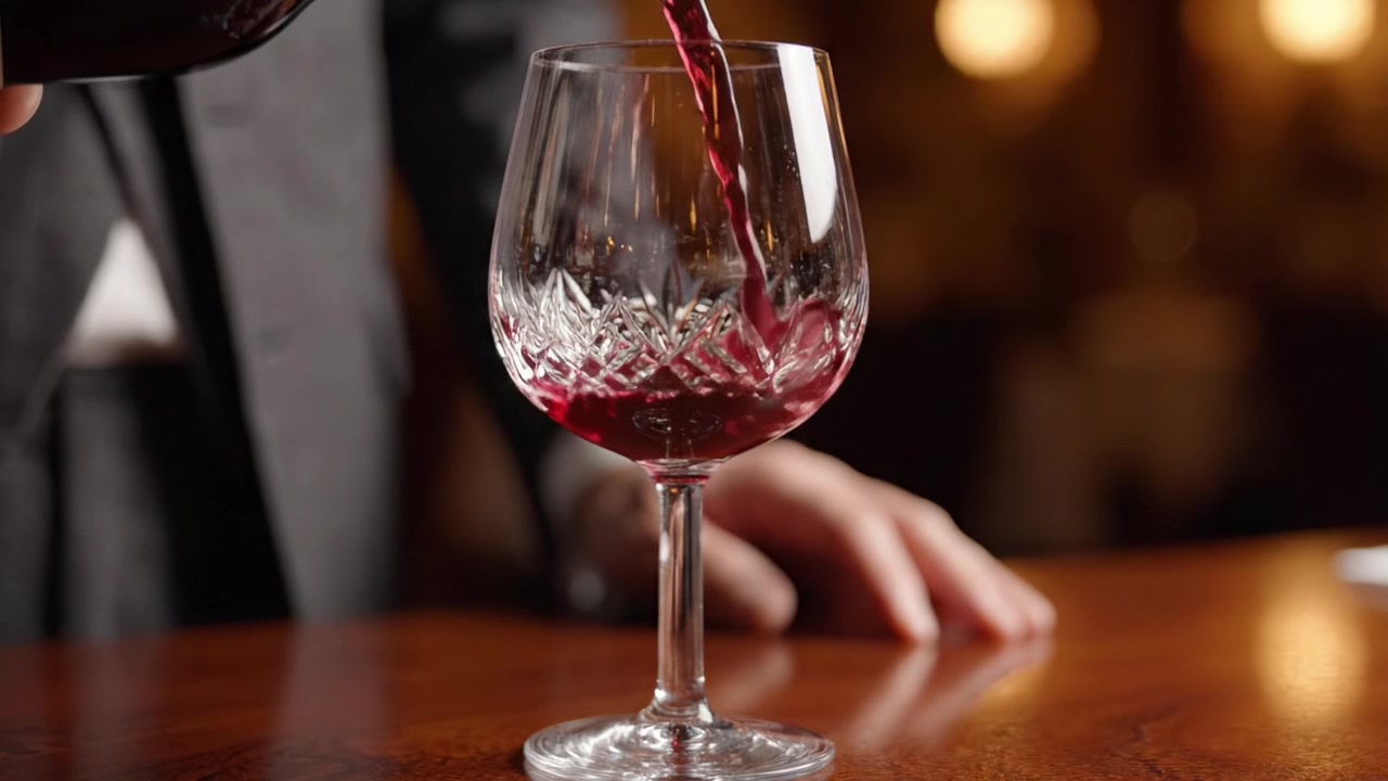 Un versamento sofisticato: questa immagine elegante cattura il momento di versare vino rosso in un bicchiere di cristallo, mettendo perfettamente in mostra il colore ricco e i riflessi in un ambiente lussuoso.