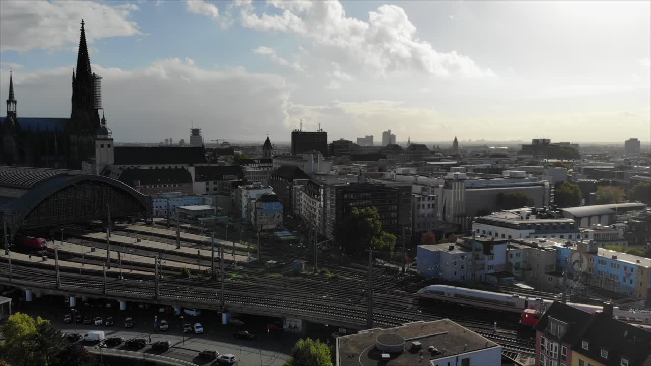 Aerial View of Cologne, Germany: Cityscape with Cathedral and Train Station