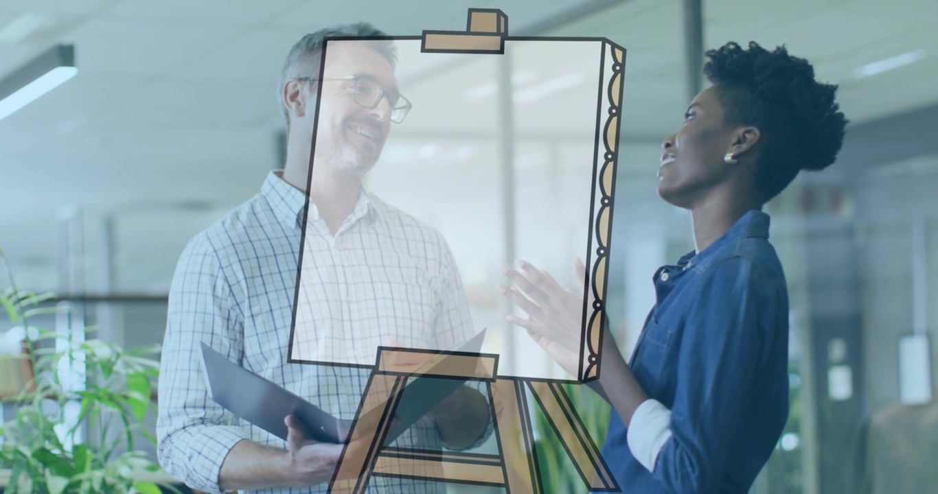 Animation of white board icon over business people in office