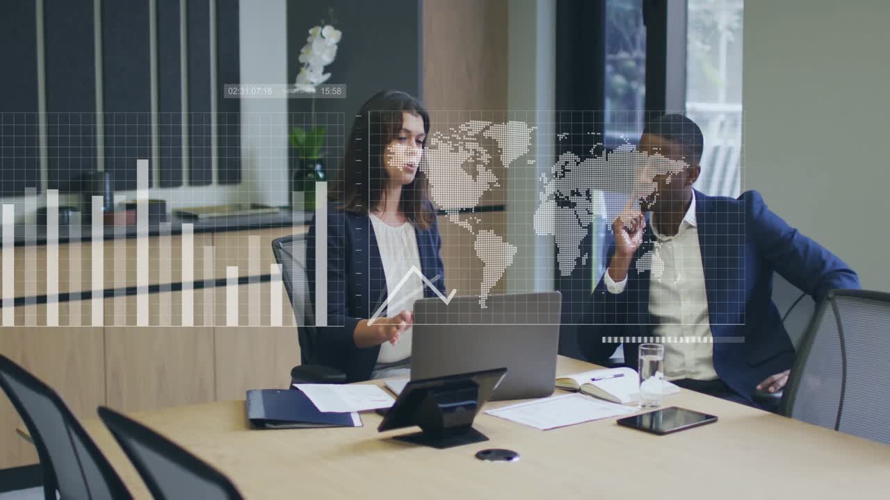 Business team opening laptop, displaying animated charts and world map overlays for presentation