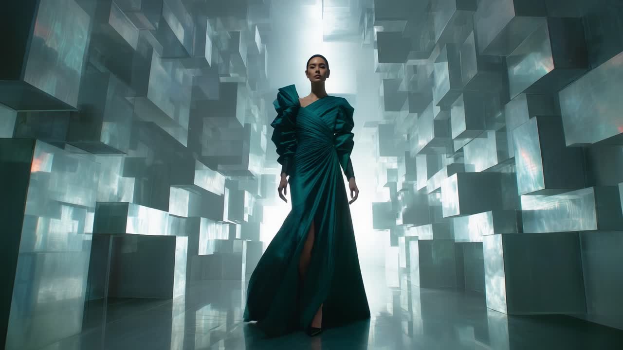 A Model in a Striking Emerald Green Gown Walks Confidently Through a Futuristic Space Filled with Reflective Cubes, Emanating Elegance and Poise in a Fashion Showcase That Captivates the Imagination