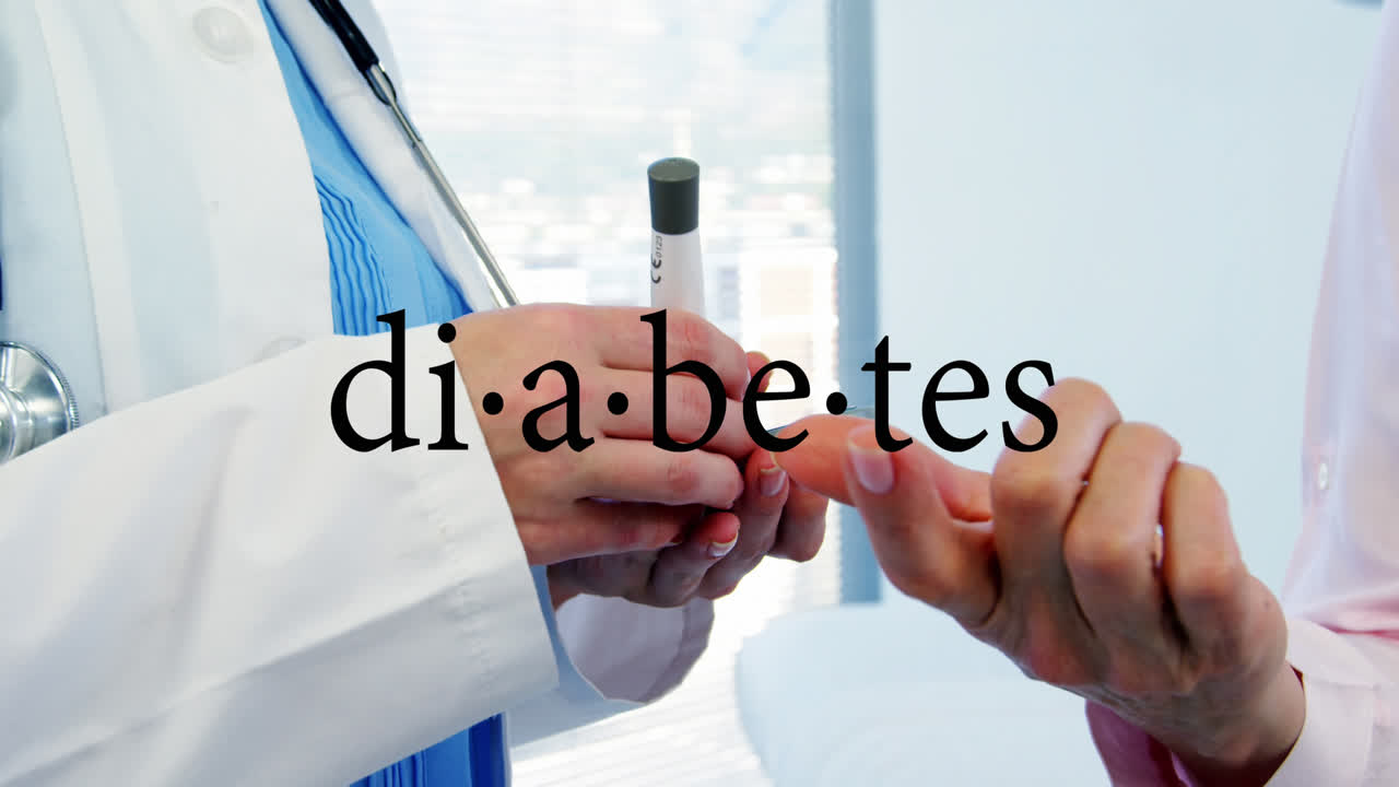 Animación de texto 'diabetes' sobre médico caucásico usando glucómetro