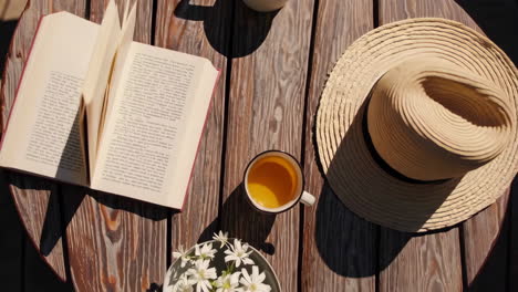 relaxing morning with a book and drinks outdoors